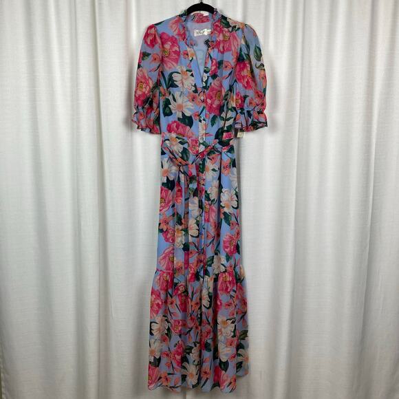 Eliza J Blue Floral Belted Maxi Shirt Dress Sz.4 NWT - Picture 5 of 16